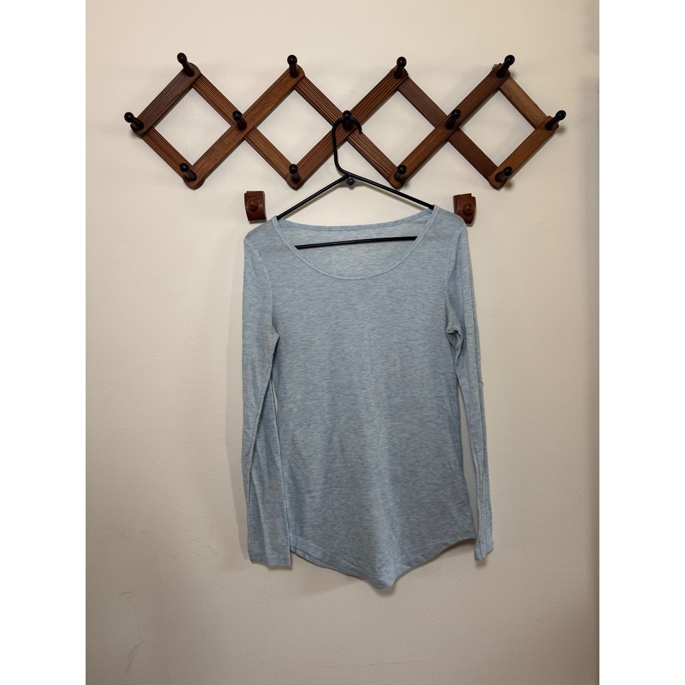 Y2K Preppy Womens Light Blue Sparkle Ribbed Long Sleeve Scoop Neck Top Large